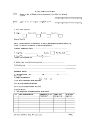 Pensioners CGHS Plastic Card Application Form