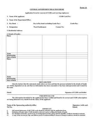 Serving Employees CGHS Renewal Plastic Card Application Form