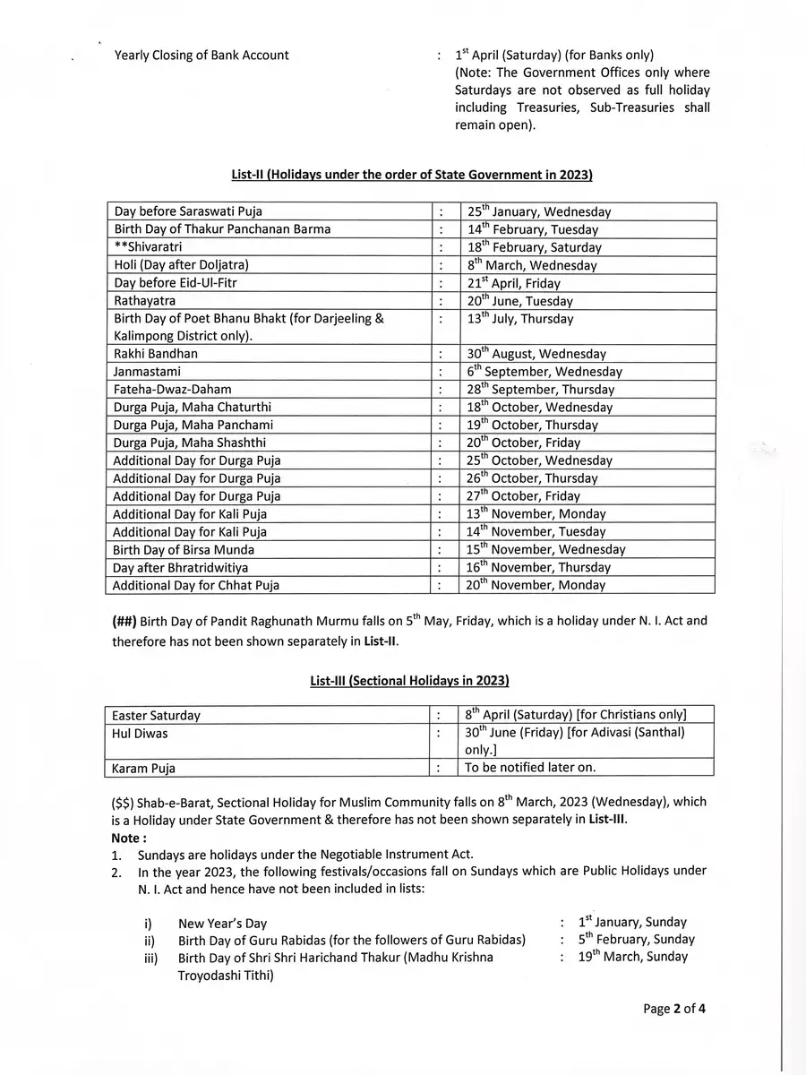 2nd Page of Bank Holiday List 2023 West Bengal PDF