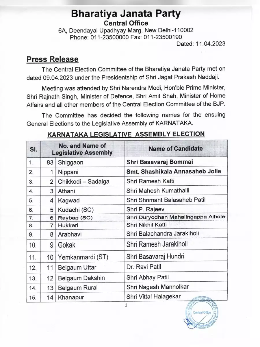 2nd Page of BJP Candidate List 2023 Karnataka PDF