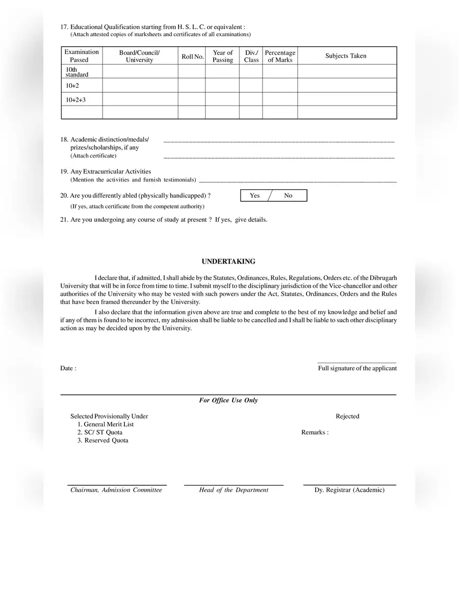 2nd Page of Dibrugarh University Admission Form PDF