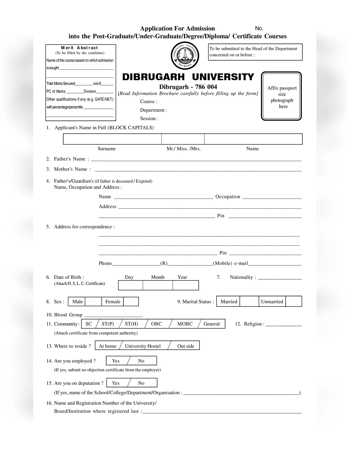 Dibrugarh University Admission Form
