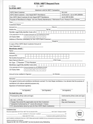 HDFC RTGS (NEFT) Form PDF