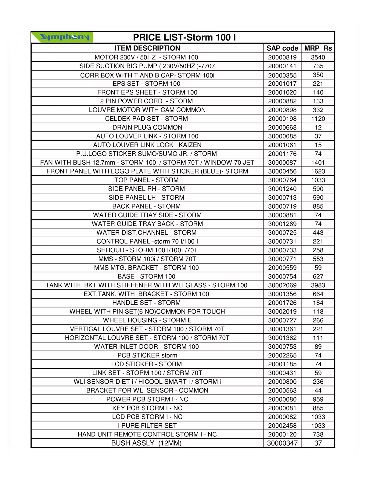 Symphony Spare Parts Price List