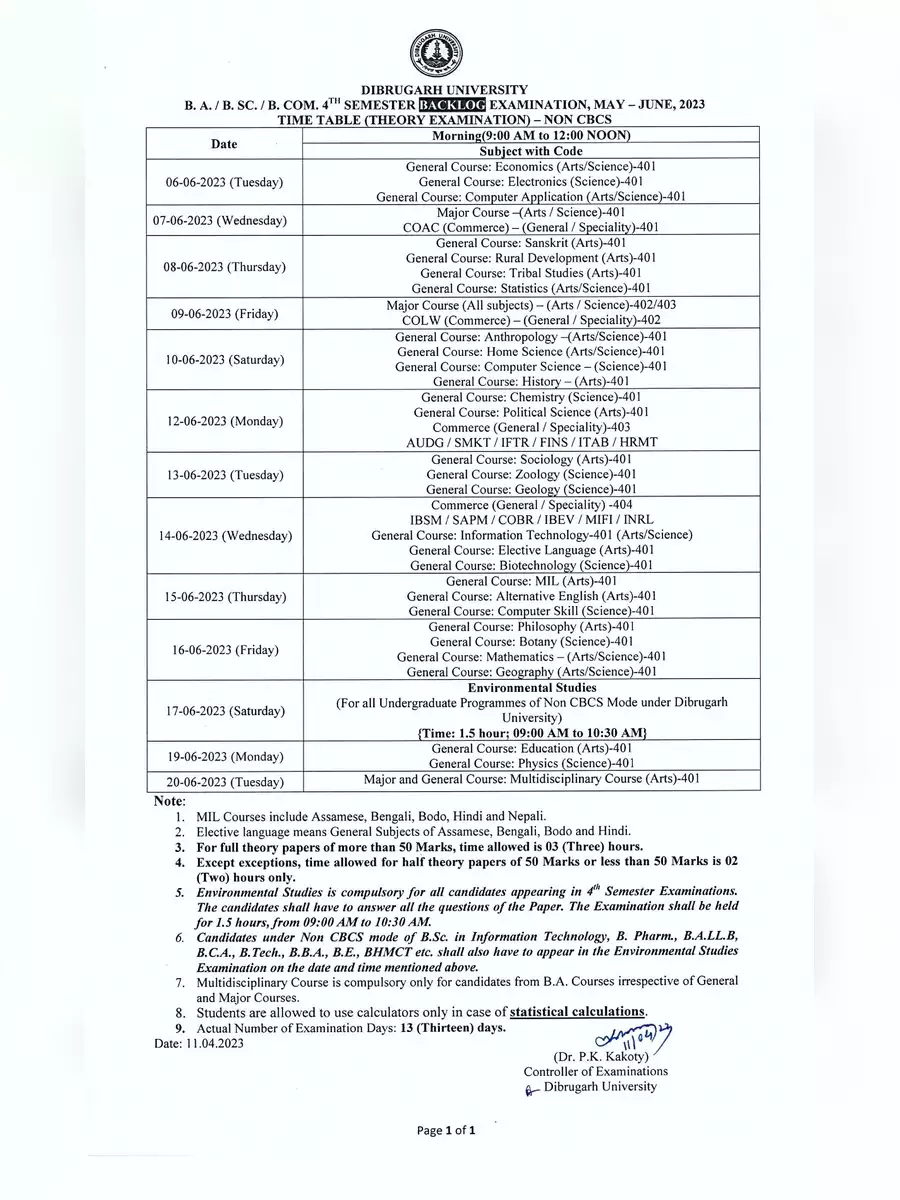 2nd Page of Dibrugarh University Exam Routine 2023 PDF