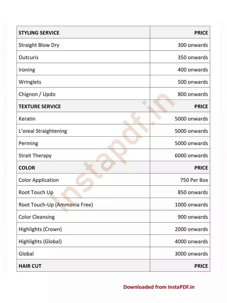 2nd Page of Geetanjali Salon Price List PDF