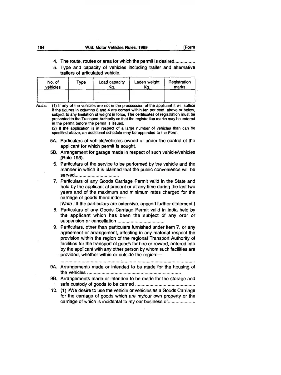 2nd Page of Goods Carriage Permit Application Form West Bengal PDF