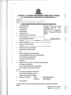 Duplicate Certificate Form CHSE Odisha