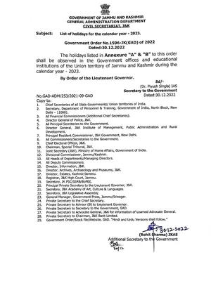 List of Holidays 2023 in Jammu and Kashmir PDF