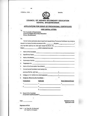 Provisional Certificate Application Form Odisha