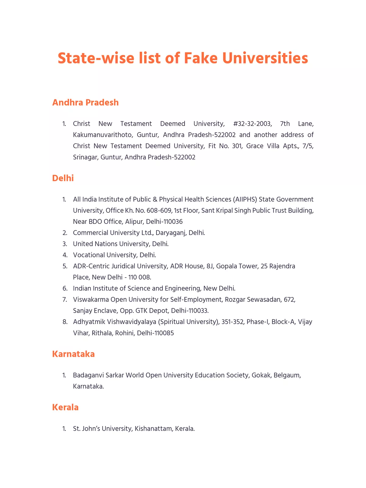 UGC Fake University List 2024