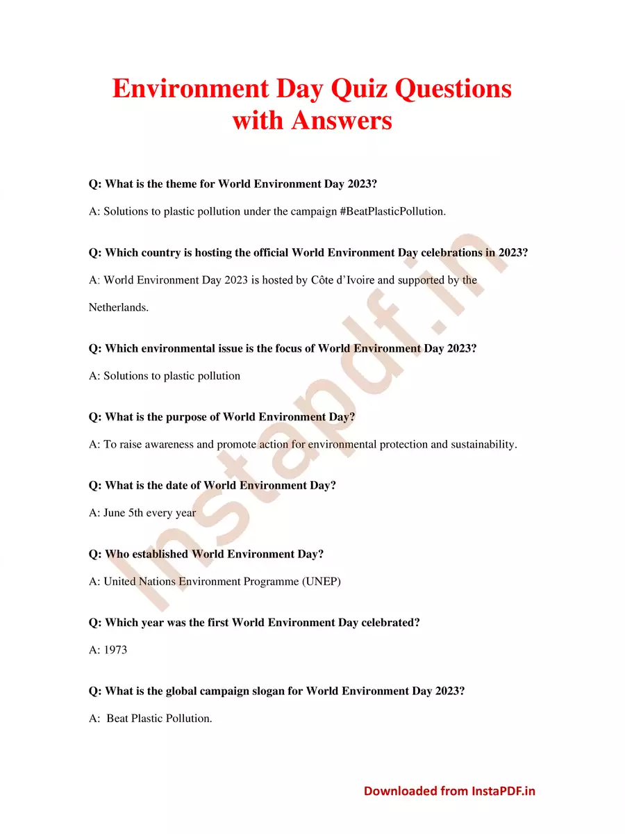 2nd Page of Environment Day Quiz Questions with Answers 2024 PDF