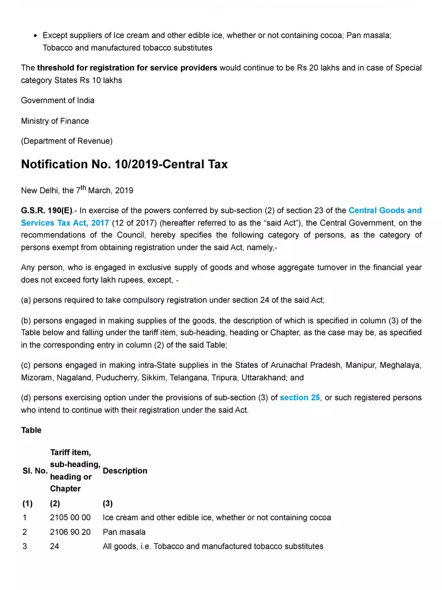 2nd Page of GST Registration Limit 40 Lakhs Notification PDF