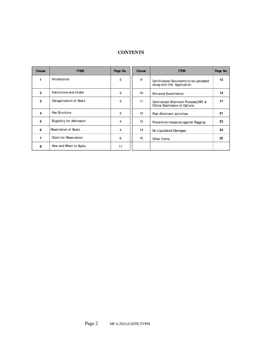 2nd Page of Kerala MCA Regular Course Prospectus 2023-24 PDF
