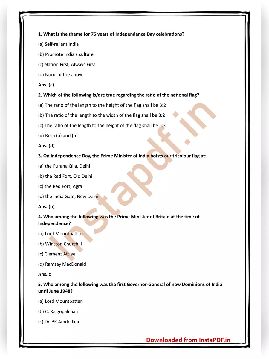 2nd Page of Independence Day Quiz with Answers 2023 PDF