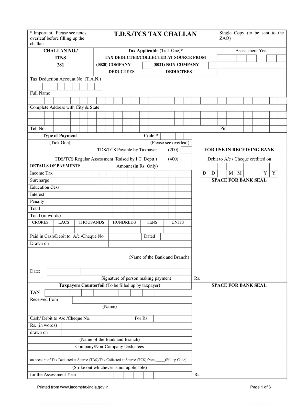 TDS/TCS Tax Challan Form 281