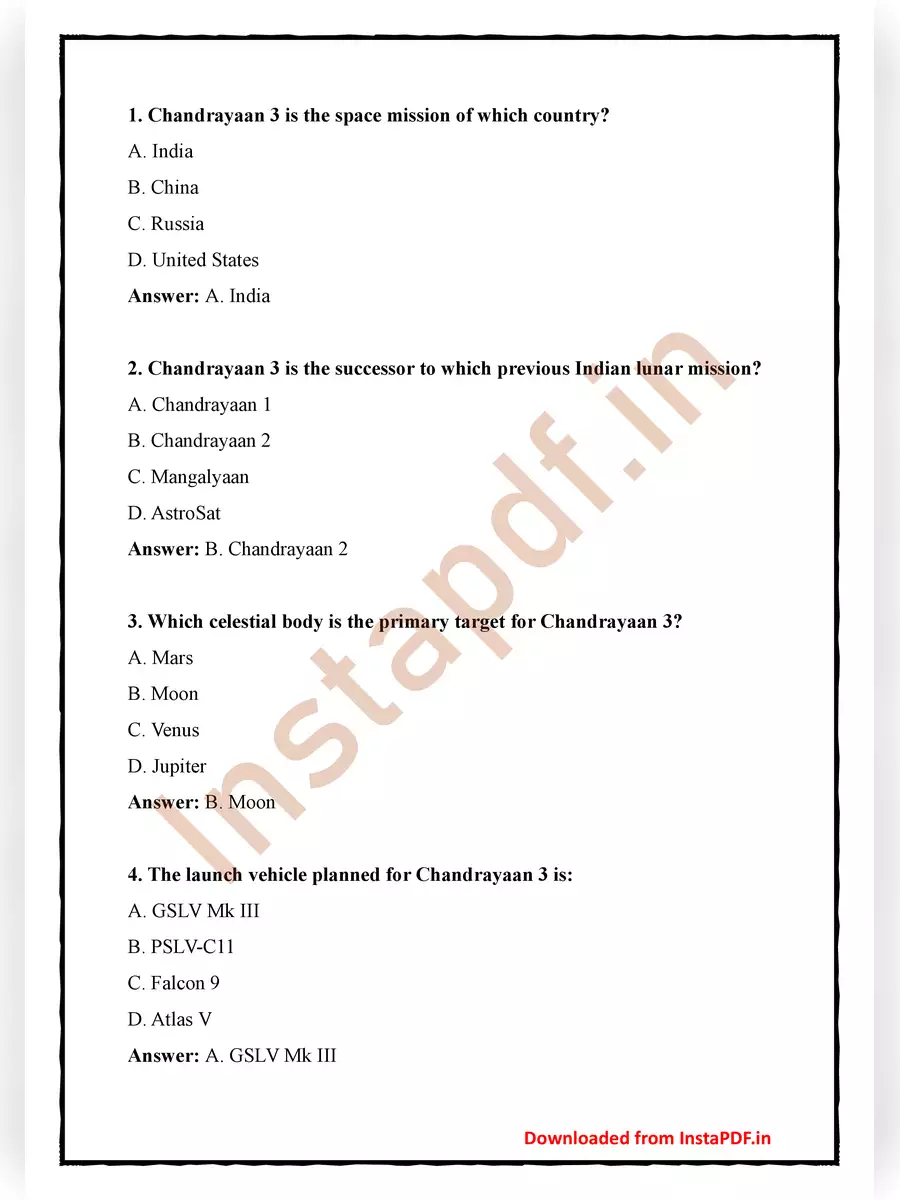 2nd Page of Chandrayaan 3 Quiz Questions and Answers PDF