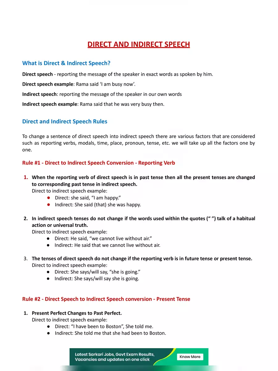 2nd Page of Direct and Indirect Speech Rules Chart PDF