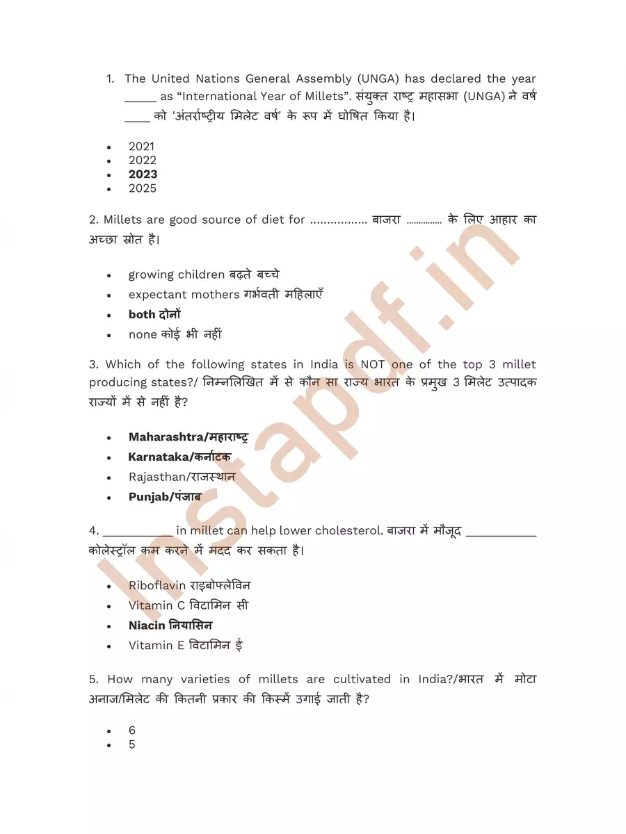 2nd Page of Millets Quiz Questions and Answers PDF