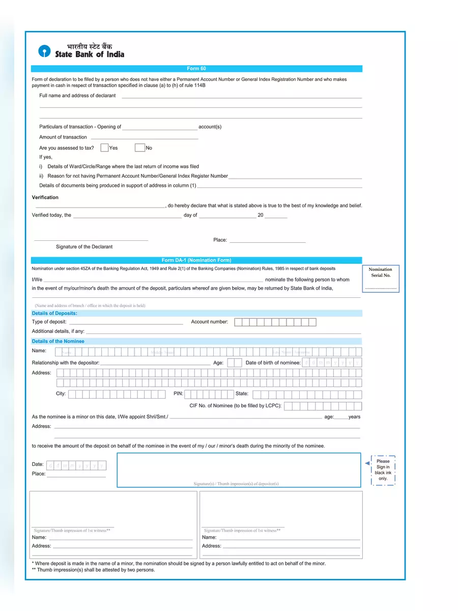 2nd Page of SBI Minor Account Opening Form PDF