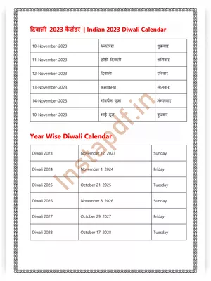 Diwali Date 2023 in India Calendar PDF