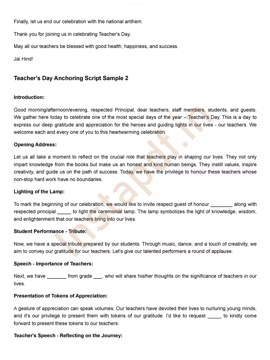 2nd Page of Teachers Day Anchoring Script in English PDF