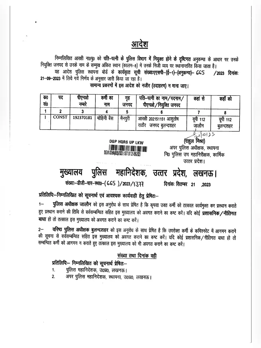 2nd Page of UP Police Constable Transfer List 2022 PDF