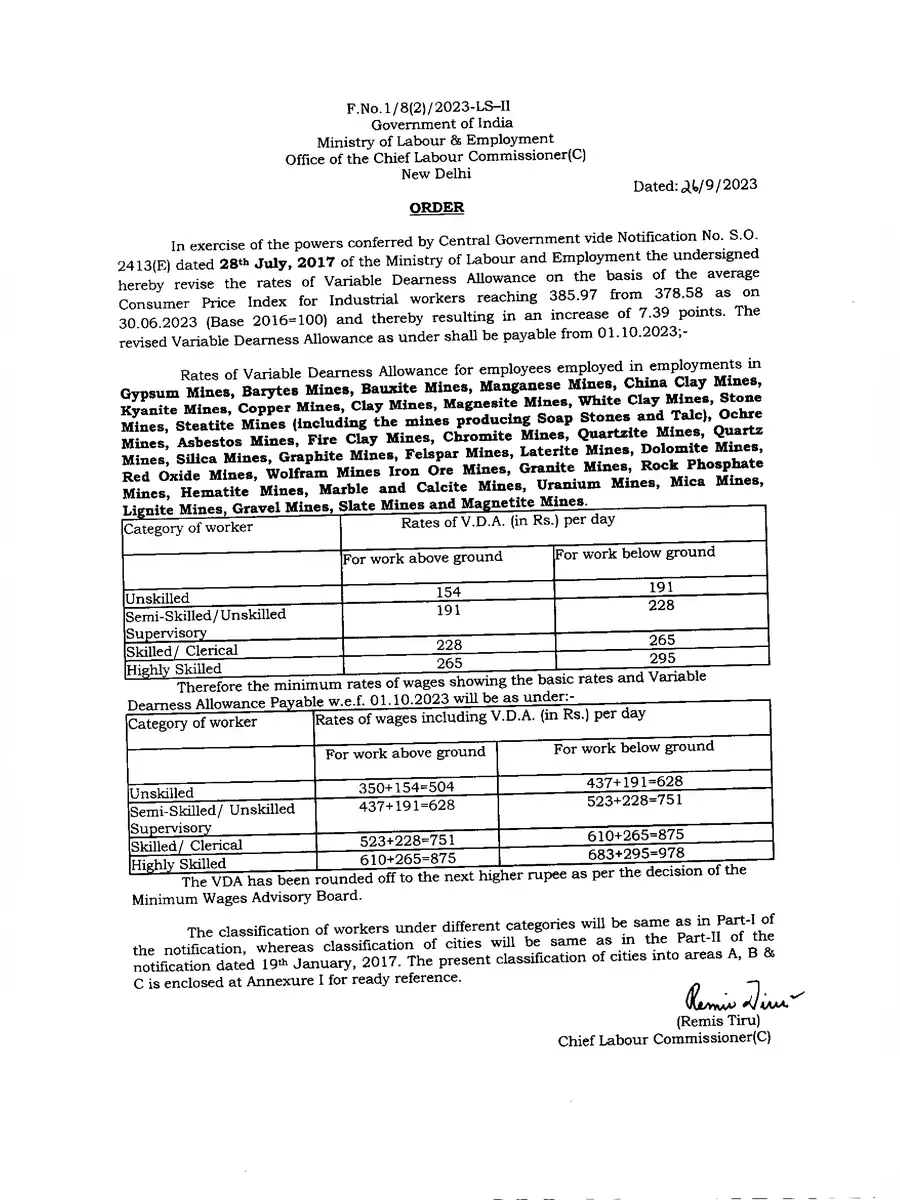 2nd Page of Minimum Wages in Delhi October 2023 Notification PDF