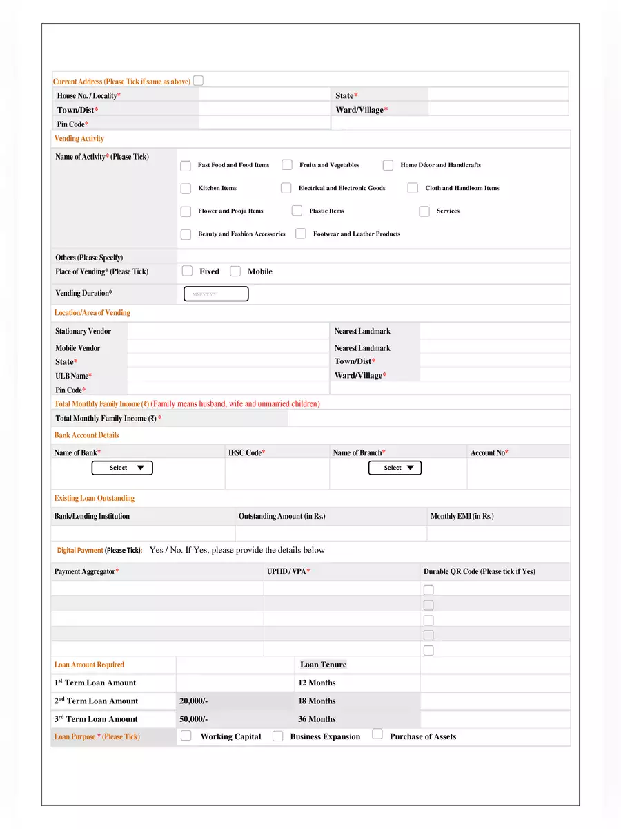 2nd Page of PM Svanidhi Application Form PDF