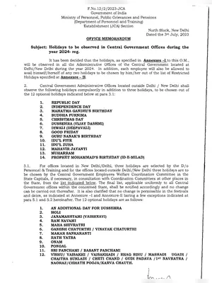 Central Government Holidays List 2024 PDF