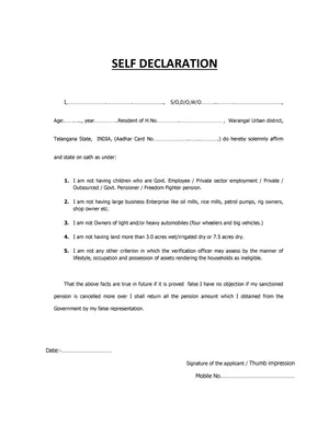 Self Declaration Form for Caste Certificate PDF
