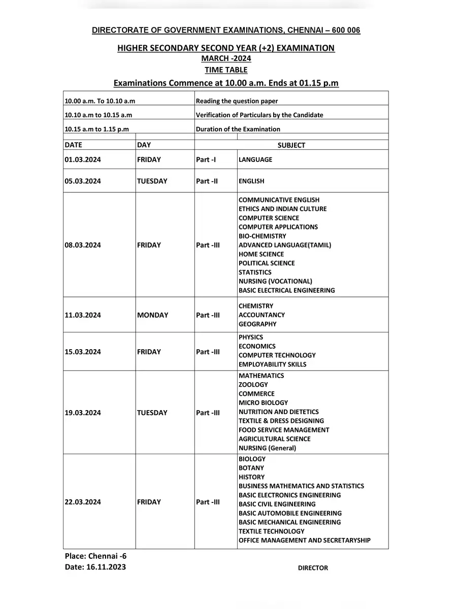 2nd Page of 11th Public Exam Time Table 2024 PDF