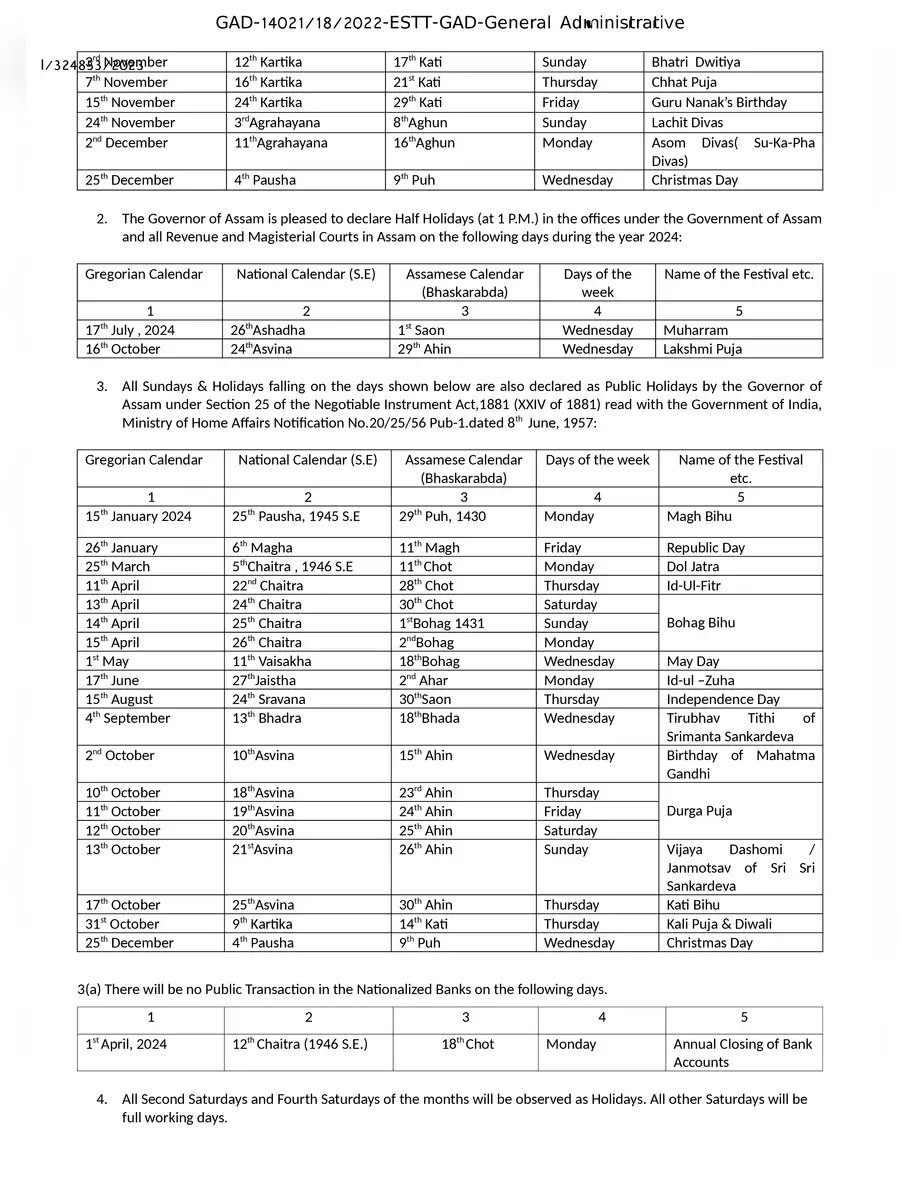 Assam Govt Holiday List 2024 PDF InstaPDF