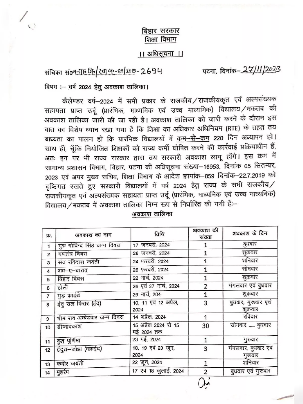 Bihar Government Calendar 2024 (Holidays List)