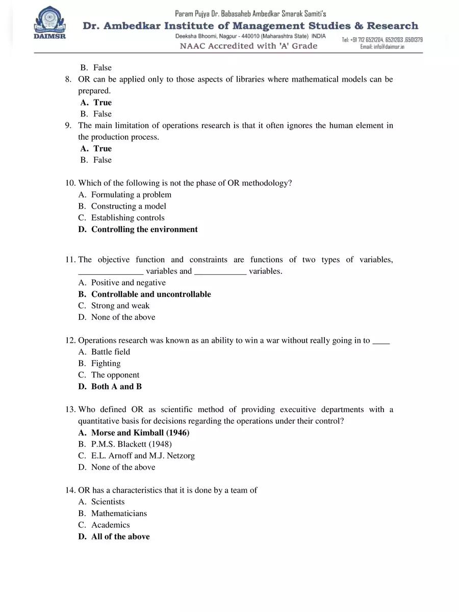 2nd Page of Operations Research MCQ PDF