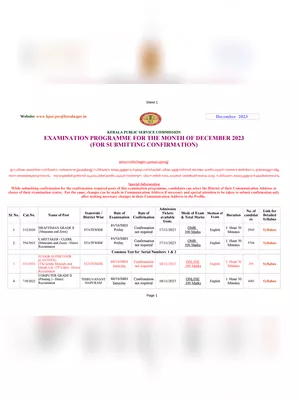 Kerala PSC Exam Calendar 2023 PDF