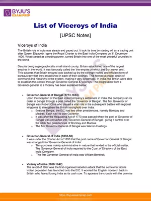 List of Viceroy of India From 1857 to 1947 PDF