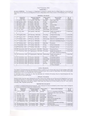 Meghalaya Govt Holiday List 2024 PDF