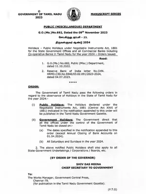 Tamil Nadu Government Holidays 2024 PDF