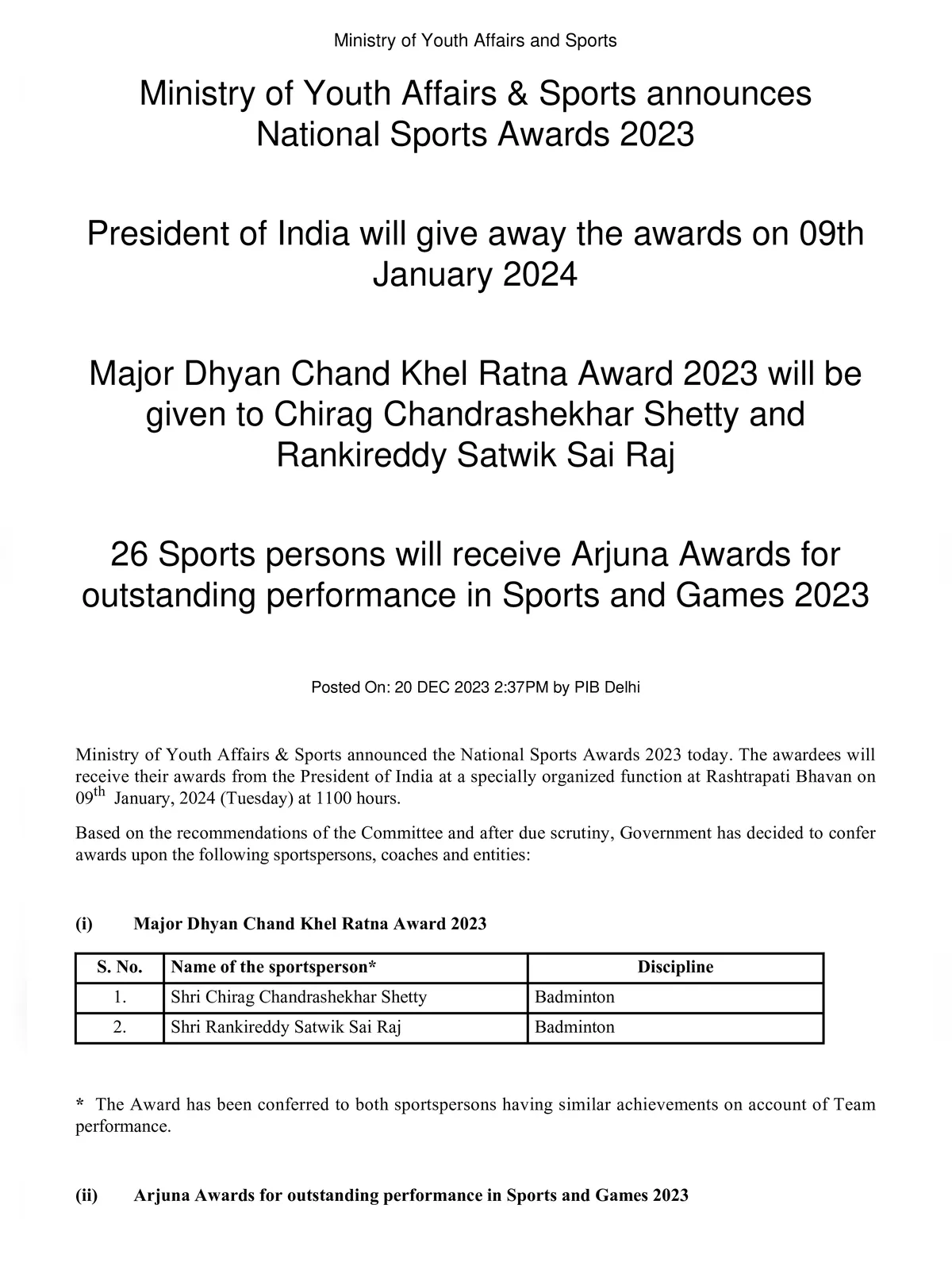 Arjuna Award 2023 Winners List
