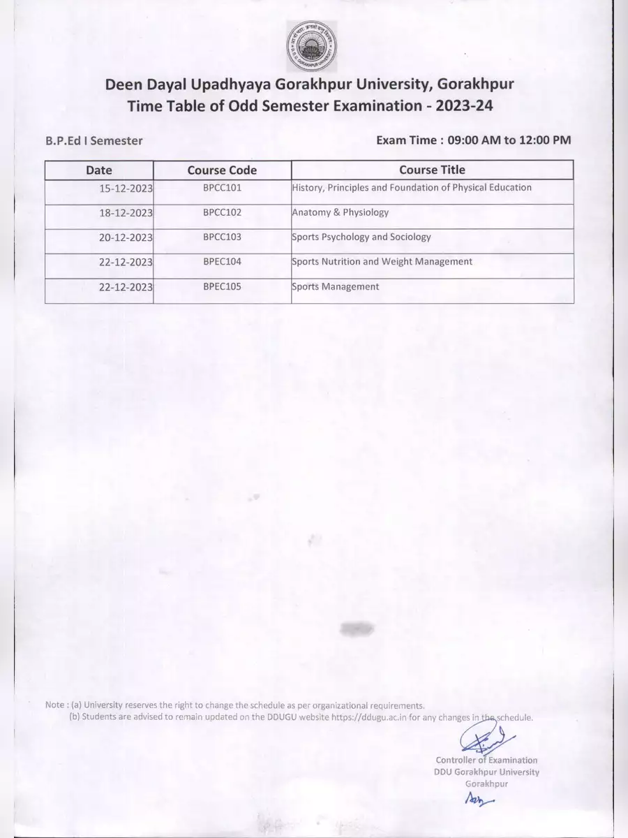 2nd Page of DDU Time Table 2023 PDF
