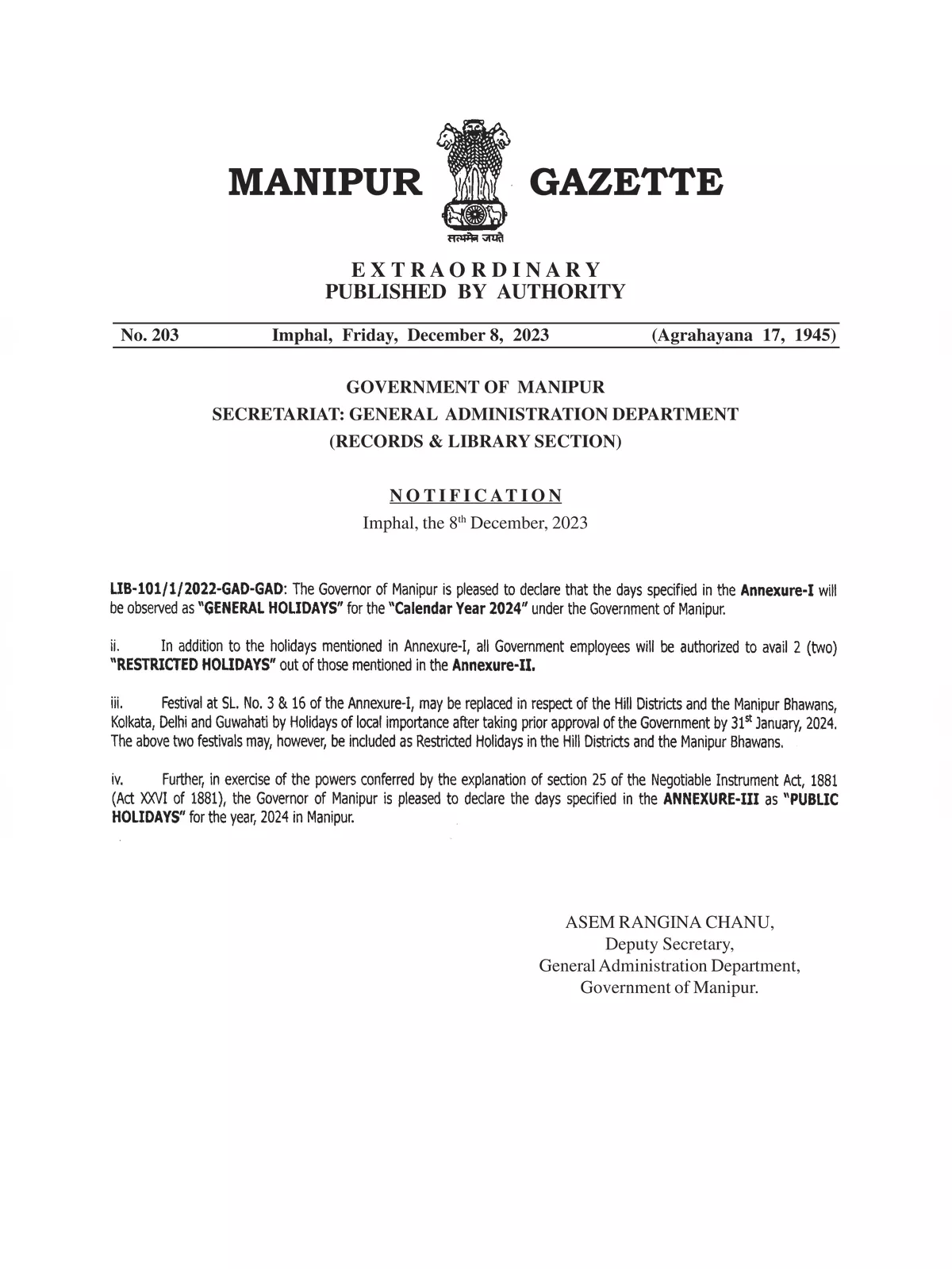 Manipur Holiday List 2024