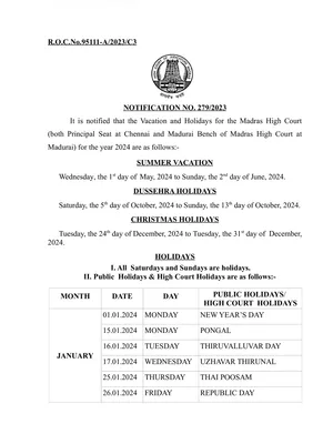 Madaras High Court Calendar 2024 PDF