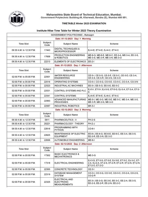 MSBTE Winter Exam Time Table 2023 PDF