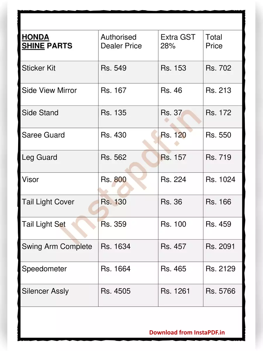 2nd Page of Honda CB Shine 125 CC Spare Parts Price List 2024 PDF