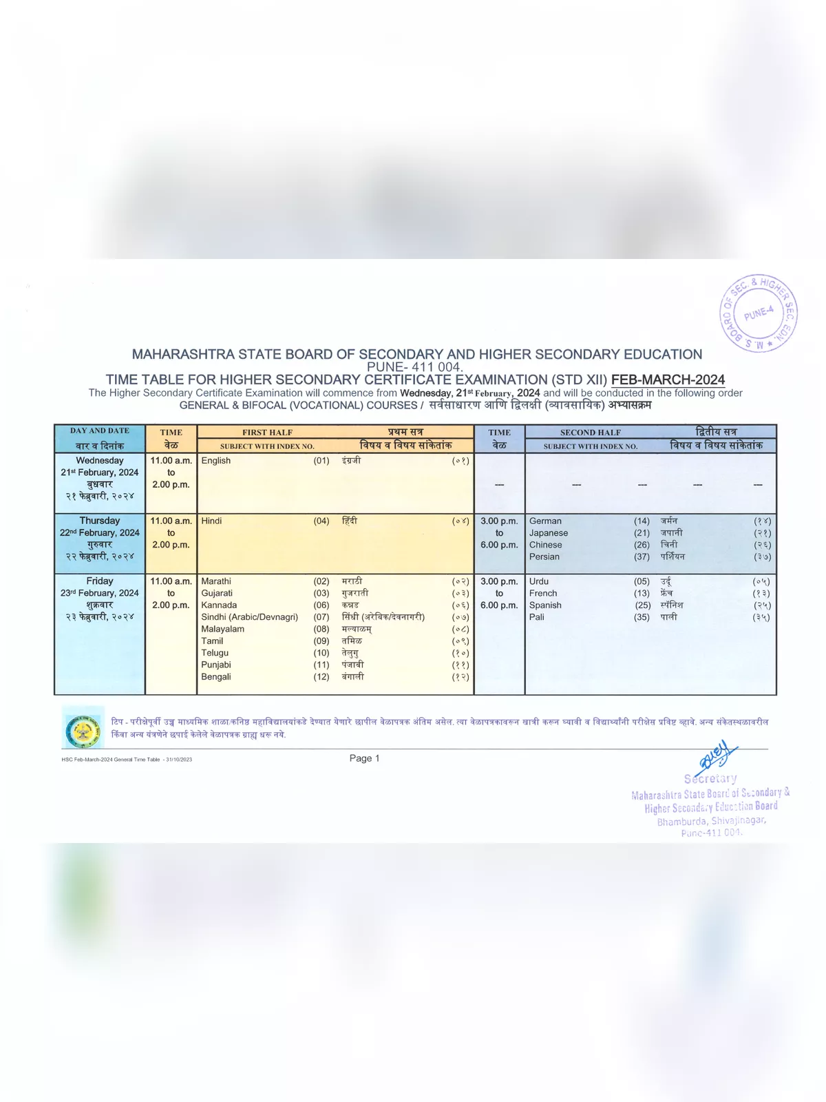 Maharashtra Board Time Table 2024