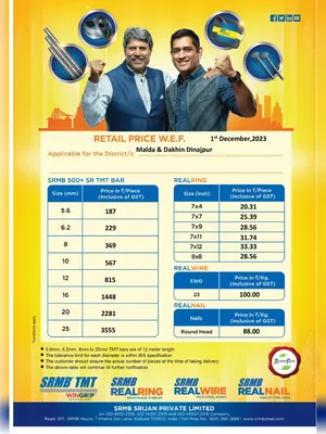 SRMB TMT Bar Price List West Bangal Today 