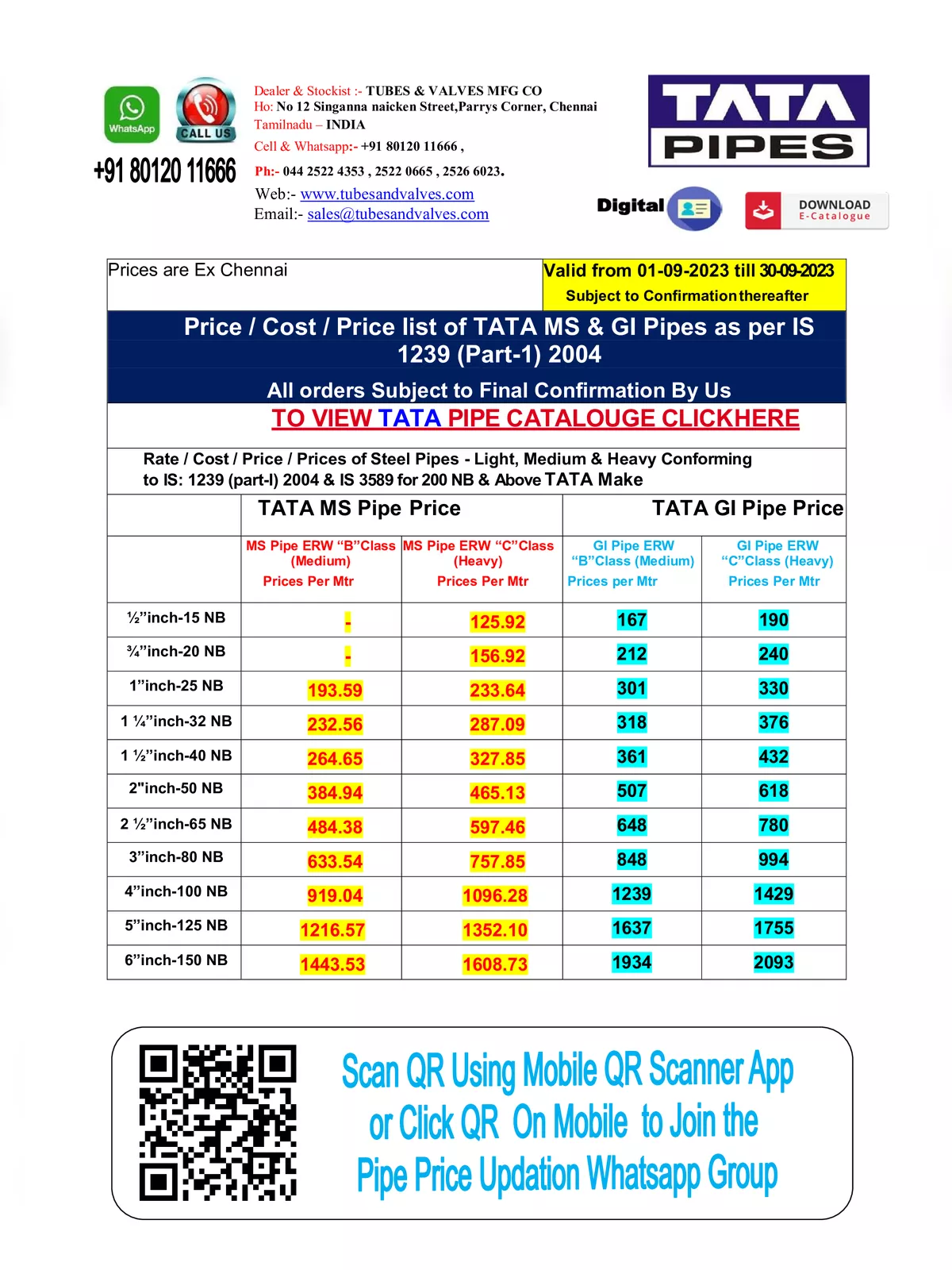 Tata GI Pipe Price List 2024