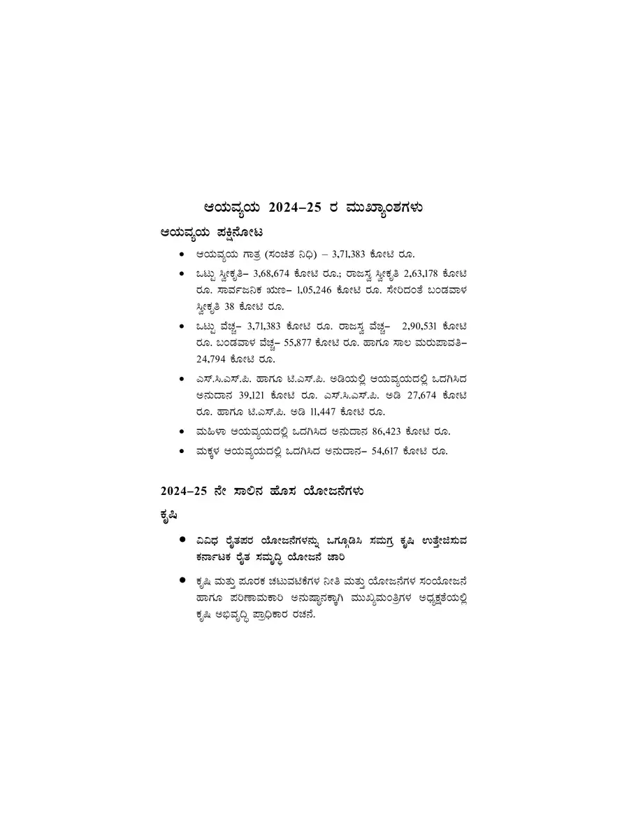 2nd Page of Karnataka Budget 2024 Highlights PDF