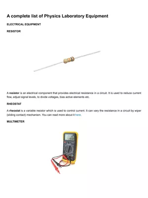 Physics Lab Equipment List PDF